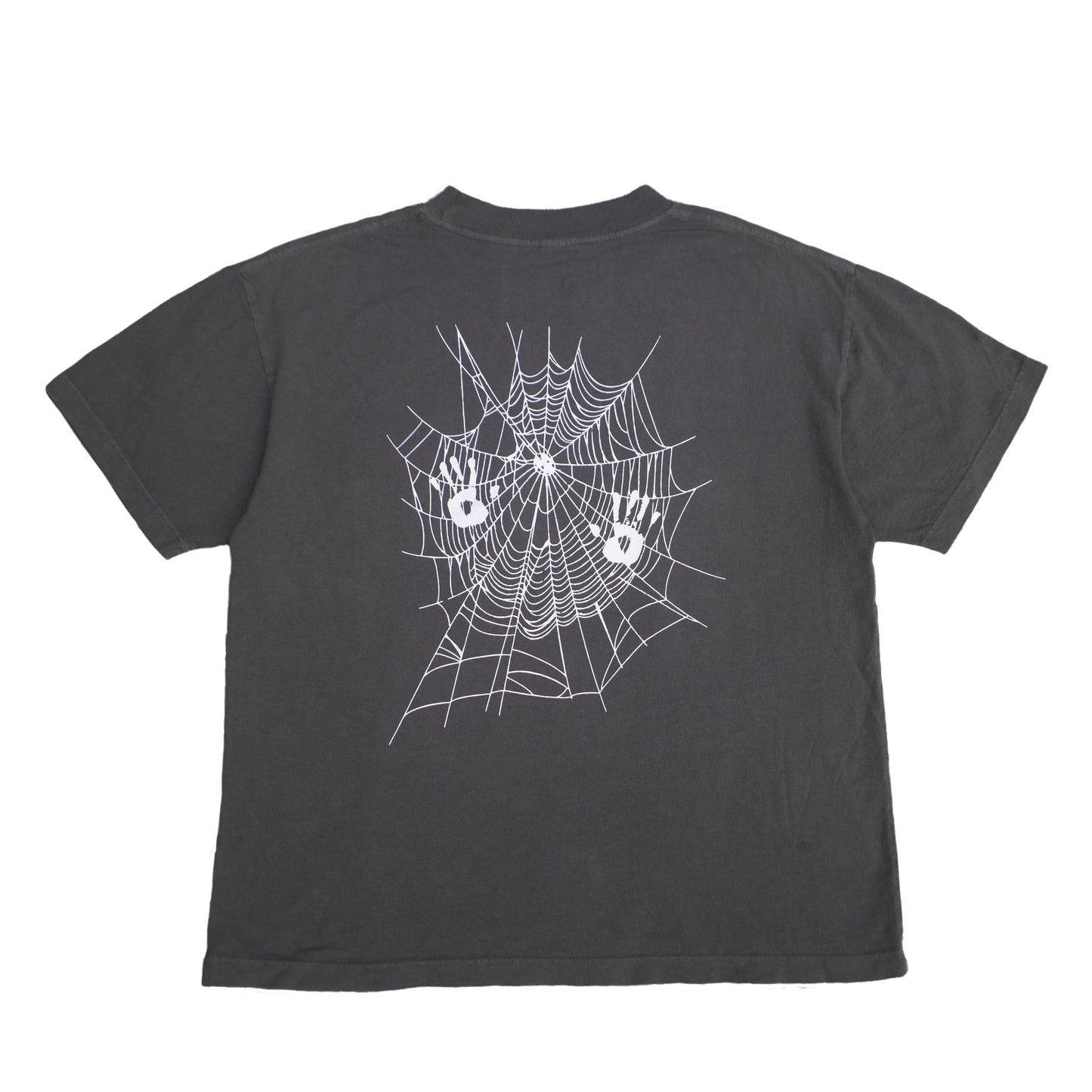 Societal Web Tee back view with large web graphic and small handprints intertwined into the web.
