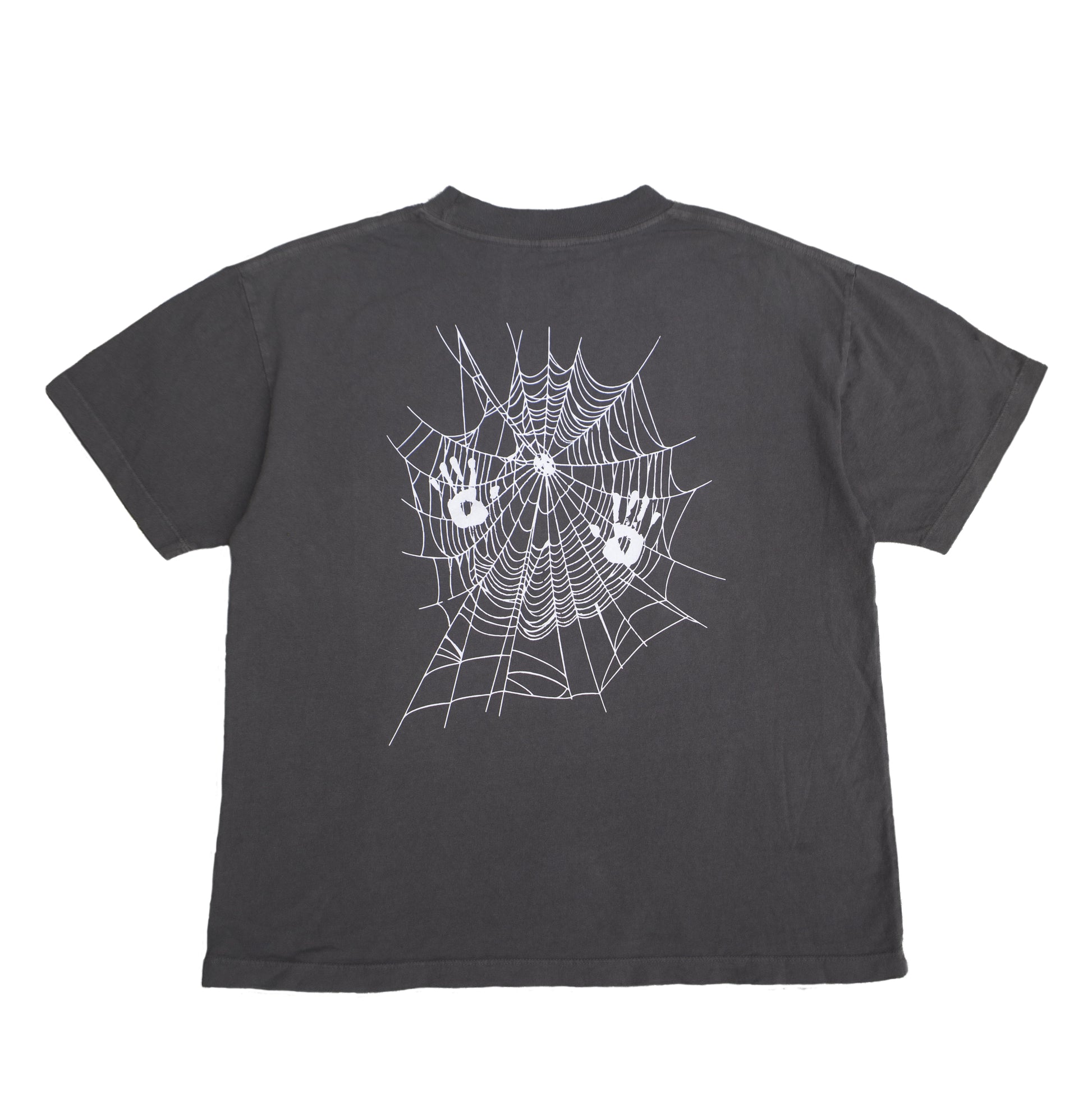 Societal Web Tee back view with large web graphic and small handprints intertwined into the web.