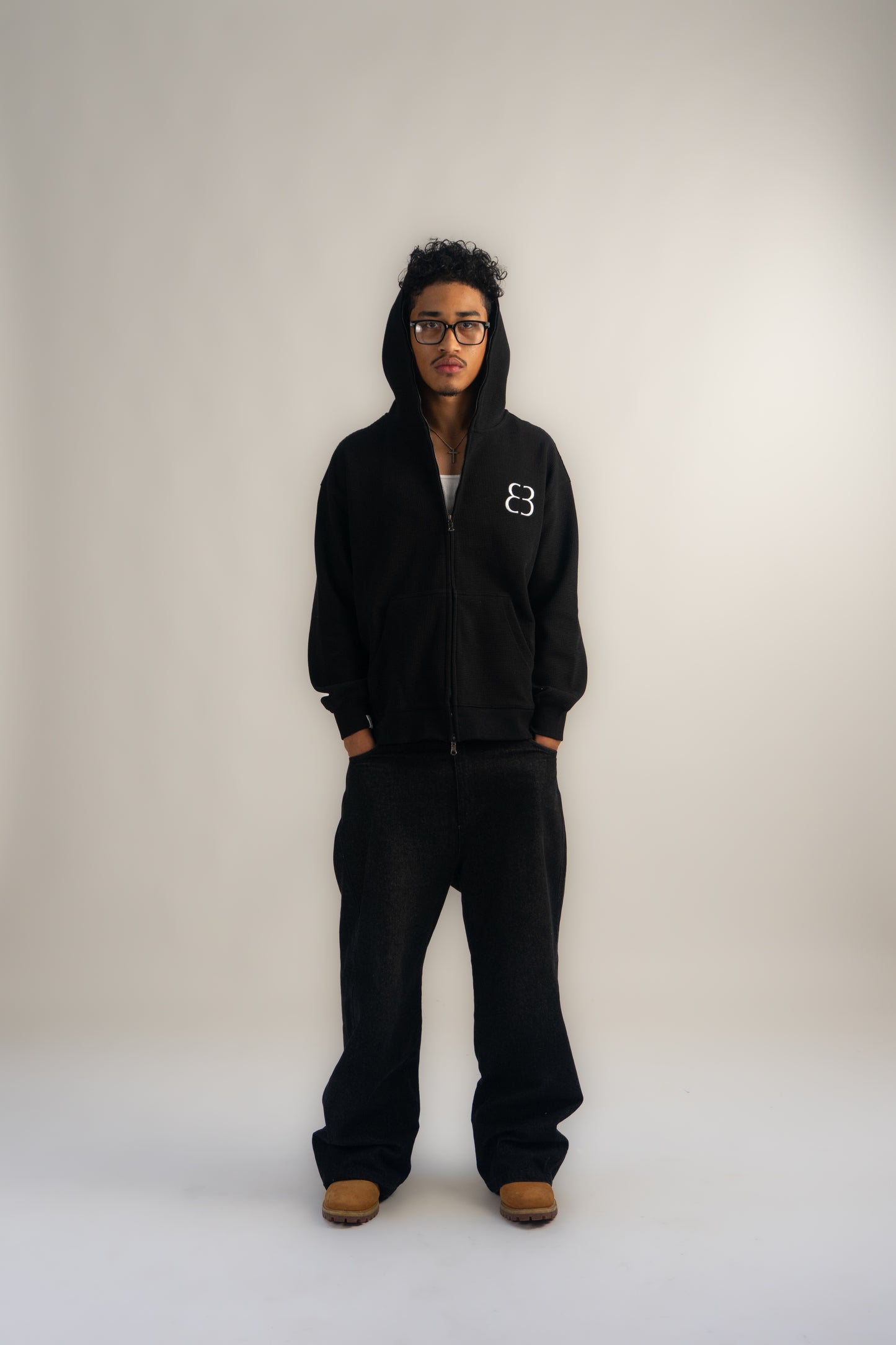 Waffle Knit Zip-Up - Black
