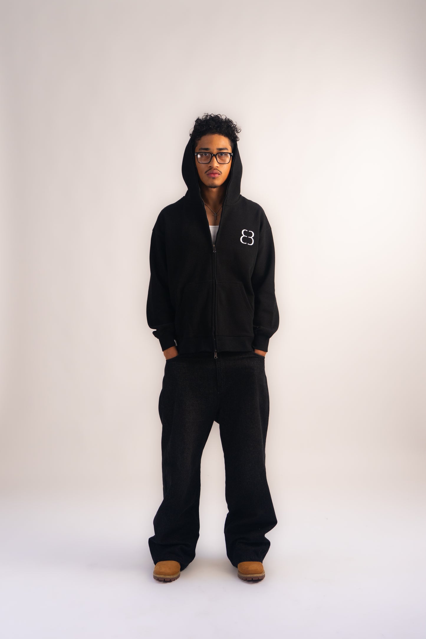 Waffle Knit Zip-Up - Black