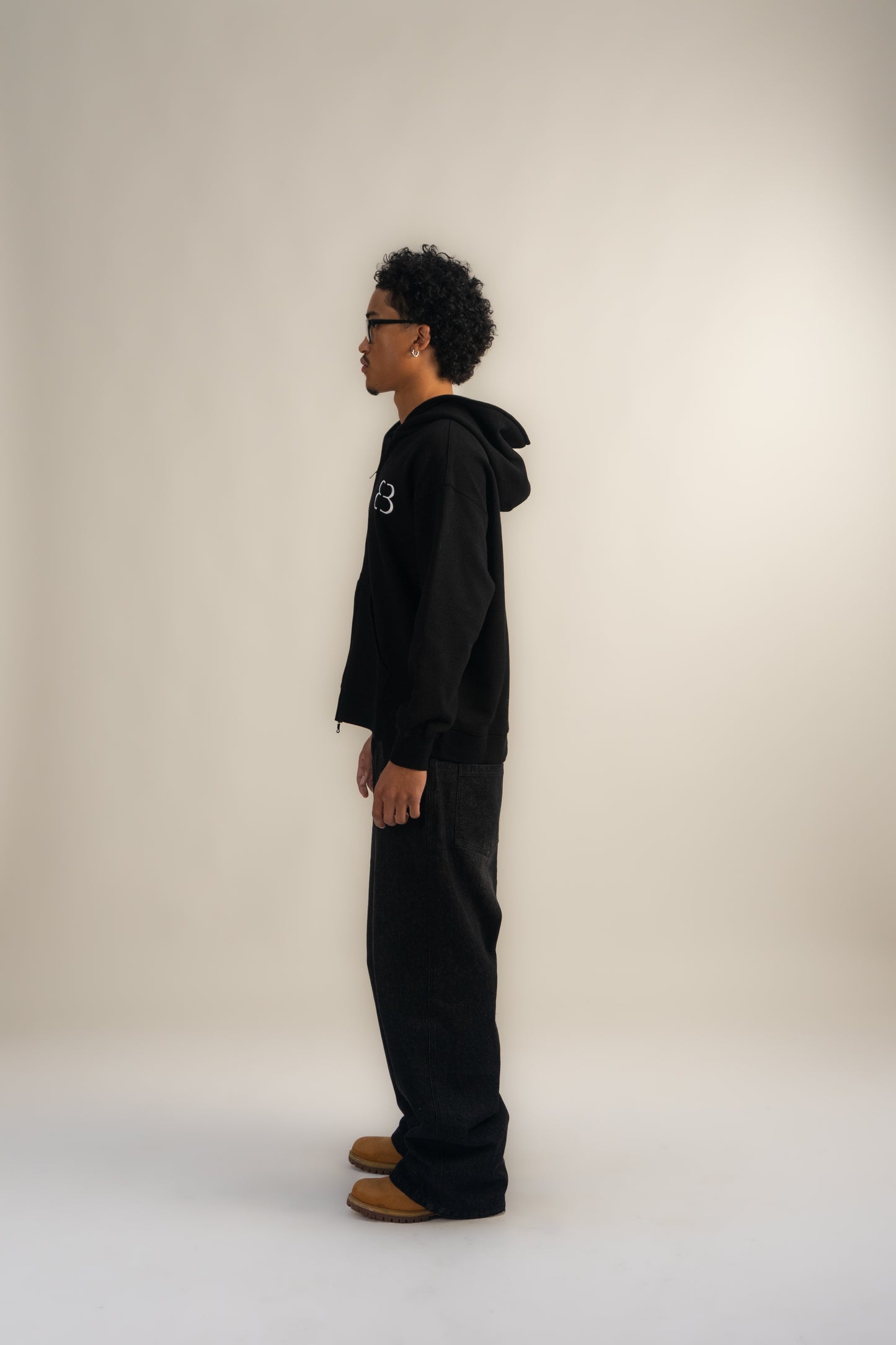 Waffle Knit Zip-Up - Black
