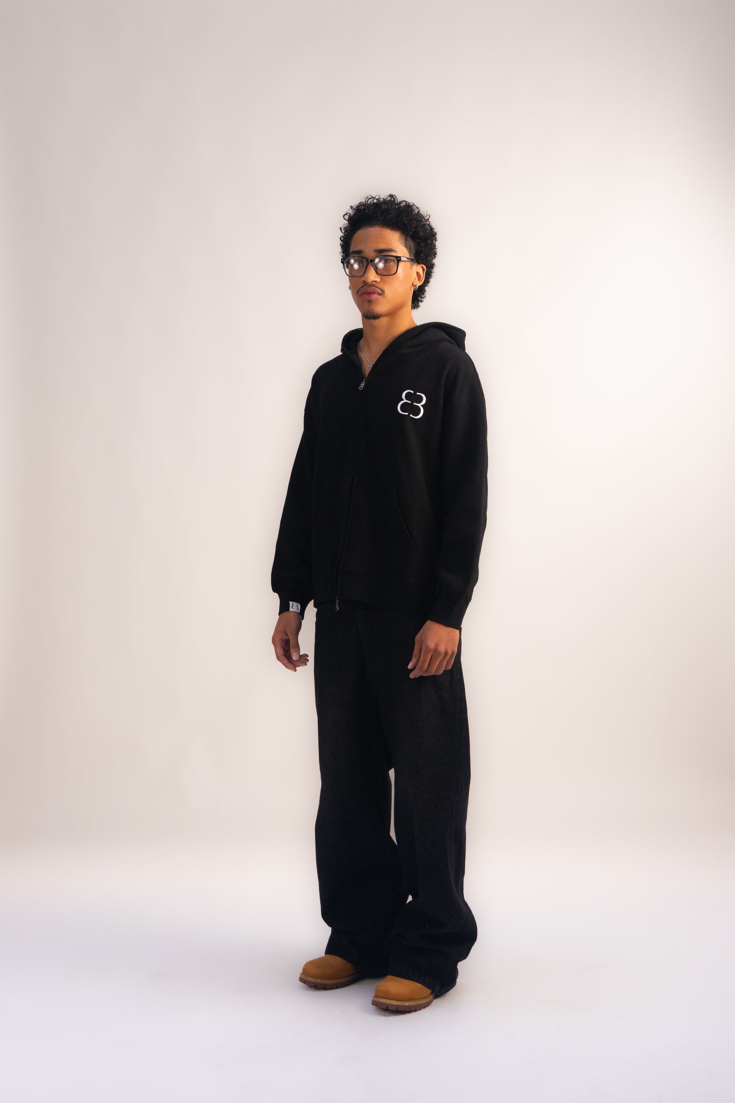 Waffle Knit Zip-Up - Black