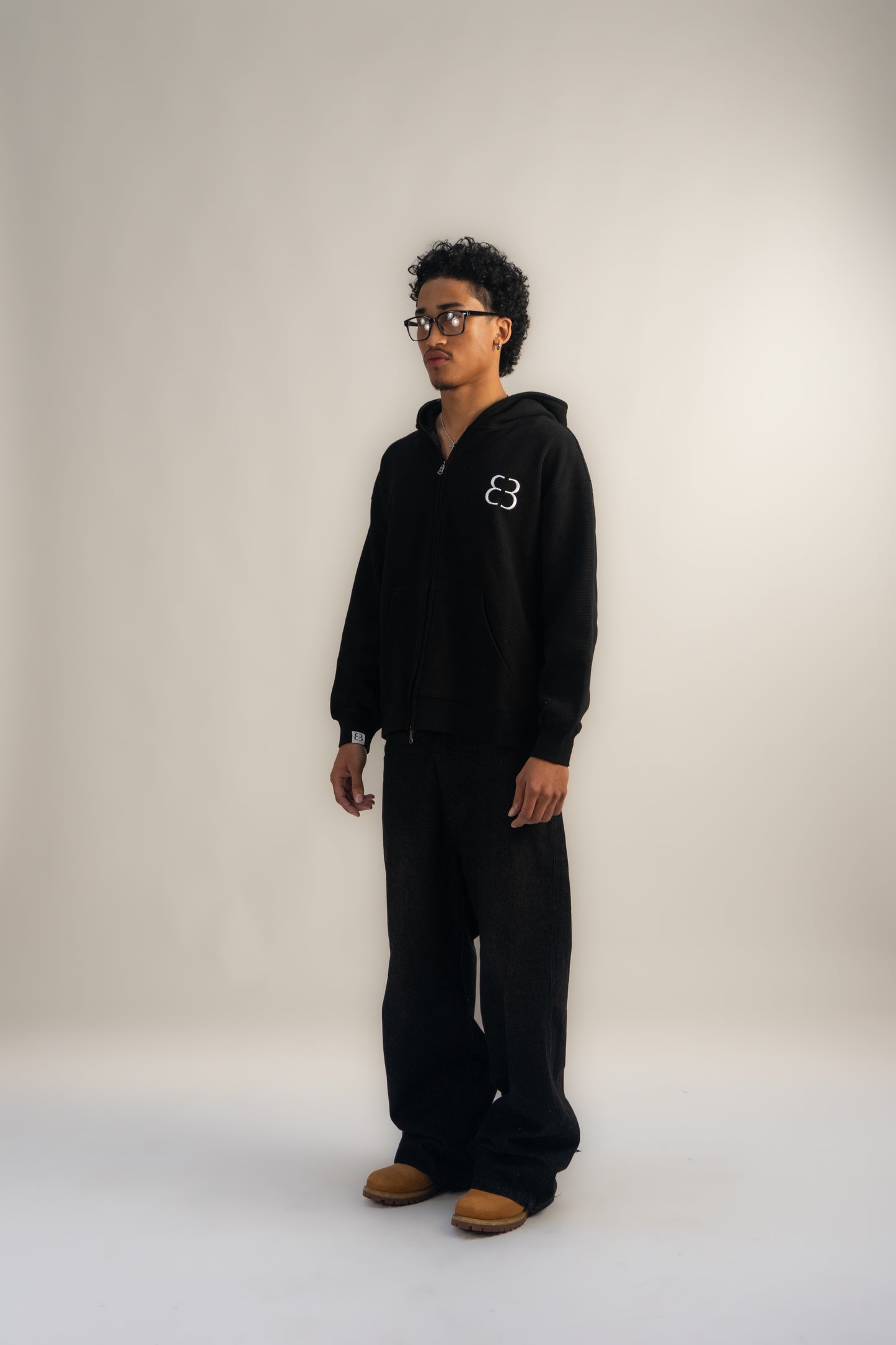 Waffle Knit Zip-Up - Black