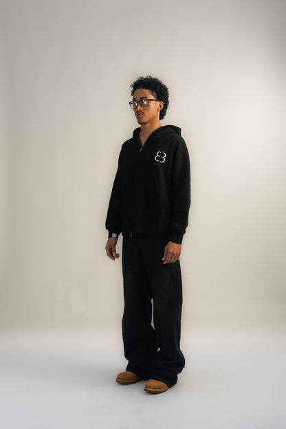 Waffle Knit Zip-Up - Black